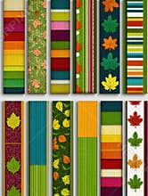 Colorful Textile Patterns With Autumn Leaves and Vibrant Stripes Showcasing Intricate Designs and Textures