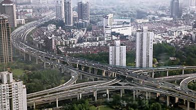 Aerial view of freeway traffic in Shanghai in China