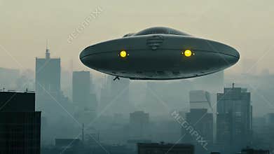 An alien spaceship hovers ominously over the crowded city, casting a shadow of impending invasion.