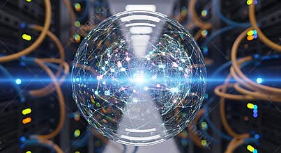 Futuristic digital brain illuminates data center with advanced artificial intelligence and neural network concepts