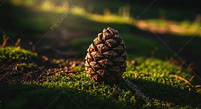 Close up of a single pine cone resting on vibrant green moss in a sun dappled forest floor showcasing natural autumn beauty and th