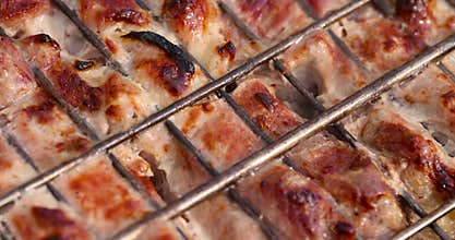 marinated chicken meat with spices during cooking on the grill