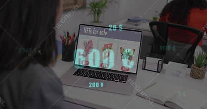 Showing laptop displaying NFTs at office desk, with holographic price overlays and woman in red top