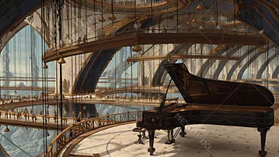 Futuristic Concert Hall with Grand Piano and Arched Architecture