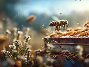 Explore the beauty of a flowering field and the intricate details of an artisanal beehive in nature's vibrant setting
