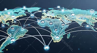 Global network connections with logistics icons over a world map showing supply chains