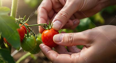 Hands Holding Ripe Red Tomato on Vine with Green Leaves in Sunny Garden