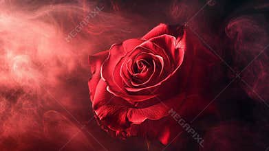 Crimson flower atmosphere, Textured roses surrounded by swirling fog, Intimate floral imagery showcasing dewy rose petals within