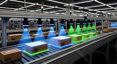 Automated warehouse conveyor system scans packages with advanced optical technology