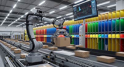 Robotic arm picking up a cardboard box in a modern automated warehouse facility now