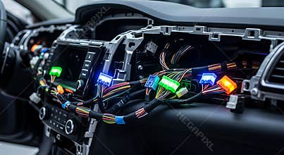 Car dashboard with exposed wiring and colorful connectors during auto repair process