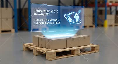 Boxes on a pallet with digital overlay showing temperature and arrival information