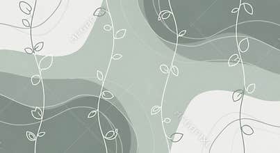 Sage green abstract background with minimalist hand drawn botanical elements