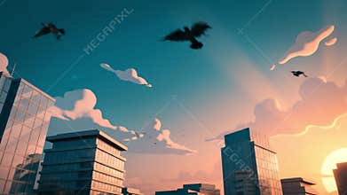 Anime Style Cityscape with Birds Flying at Sunset