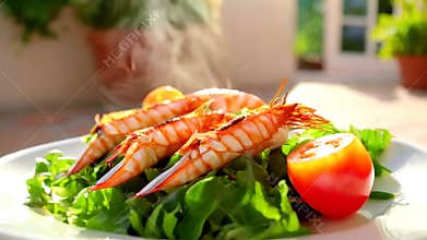 Grilled Shrimps on Lettuce with Tomato a Seafood Salad on Plate