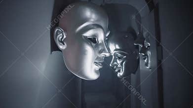 Abstract metallic masks in surreal corridor