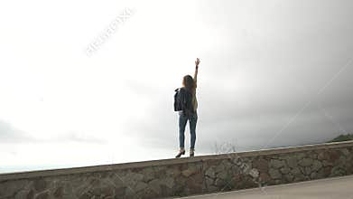 Freedom Misty Journey Young Woman Reaching Sky On Mountain Road Viewpoint Vertical video