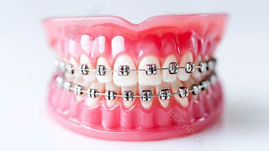 Dental model presenting teeth with metal braces, a common orthodontic treatment for correcting alignment and promoting oral care