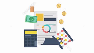 Financial accounting elements with calculator, abacus, and money finance currency