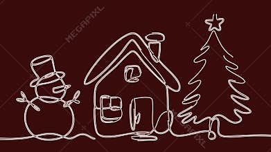 Minimalist Winter Line Drawing Of Snowman House And Christmas Tree