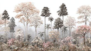 A watercolor illustration of a forest in beige is shown, accompanied by a wallpaper featuring a forest in sepia, and a beige
