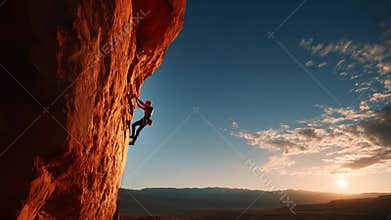 A Courageous Climber Ascending a Majestic Rock Face During Sunset, Showcasing the Beauty of Adventure and the Spirit of Outdoor