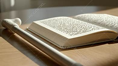 Braille Book and White Cane on Wooden Table for Visually Impaired