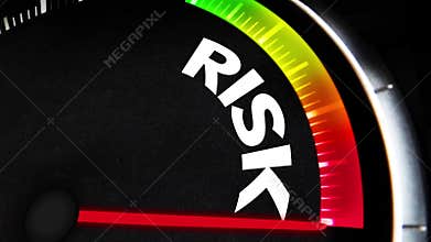Close up animation of a risk meter gauge needle moving from green safe zone to red high danger