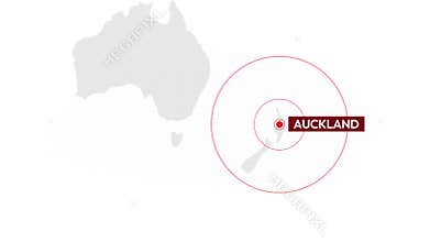 Digital motion graphics animation of a target radar map pinpointing Auckland New Zealand with red rings on white