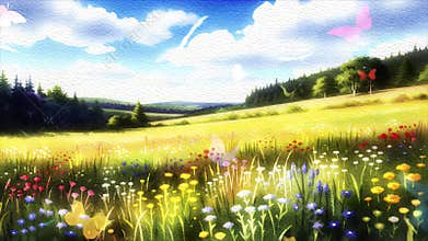 Sunlit Wildflower Meadow with Rolling Hills and Forested Edges Under a Bright Sky