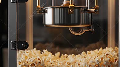 Close up view of a classic commercial popcorn machine actively popping fresh fluffy kernels creating a delicious snack for movies