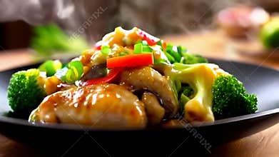 Steaming Chicken with Broccoli and Red Bell Peppers on Black Plate