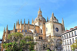 View of Segovia Cathedral from Plaza Mayor, Spain