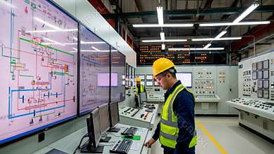 Asian male engineers in control room analyzing industrial systems