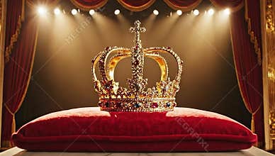 Majestic golden crown awaits on velvet cushion on stage, symbolizing power, royalty, and victory