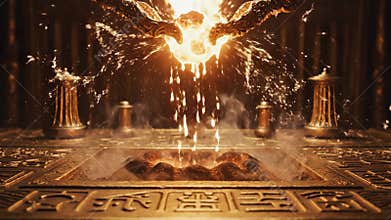 Crafting a mystical artifact in a hidden forge filled with flames and ancient magic during a mystical night Generative AI