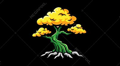 Vibrant Stylized Tree with Golden Foliage and Green Trunk on Black Background