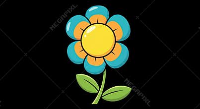 Cartoon flower with blue petals and yellow center on black background