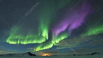 The dazzling aurora landscape in the Arctic under the night sky, Generative AI
