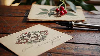 Festive christmas cards with hand-drawn holly and berries on rustic wooden table. concept of holiday greetings, artistic