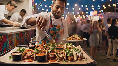 Festive Hispanic inspired street food culture thrives as diverse culinary delights sizzling on various buffet tables, vibrant food