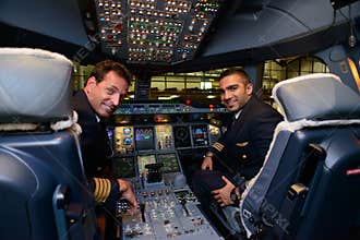 Pilots in Emirates Airbus A380 aircraft after landing
