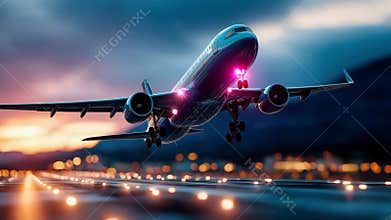 Commercial airplane descending on runway at sunset with glowing lights and motion blur effect