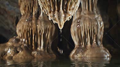 Focusing on the pristine, untouched beauty of a natural cave system, featuring stalactites and their reflections in calm, clear