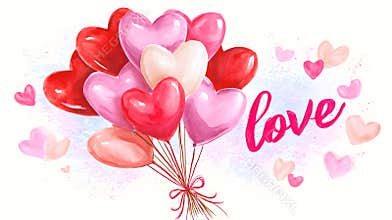 Watercolor Heart-Shaped Balloons Bouquet with the word Love. Romantic Valentine Celebration card Clipart. Watercolor