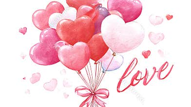 Watercolor Heart-Shaped Balloons Bouquet with the word Love. Romantic Valentine Celebration card Clipart. Watercolor