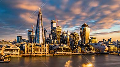 Aerial Drone Hyperlapse of Tower Bridge & London City Skyline, River Thames View