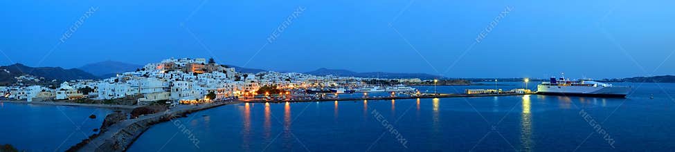 Panorama of Chora at dusk, Naxos island, Cyclades archipelago, G