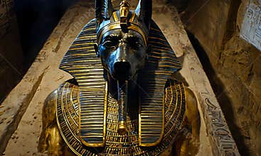Majestic Anubis Statue Adorned in Gold and Blue Symbolizing Ancient Egyptian Deity and History