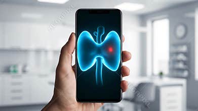 Smartphone displays glowing thyroid gland with red spot indicating abnormality